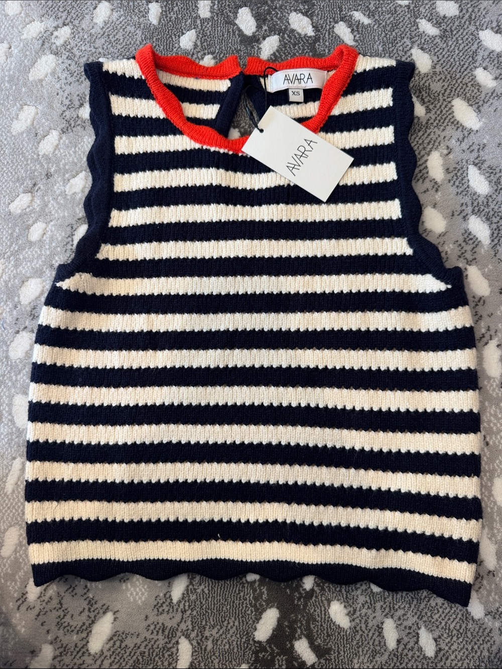 AVARA Navy and White Striped Knit Tank with Red Trim